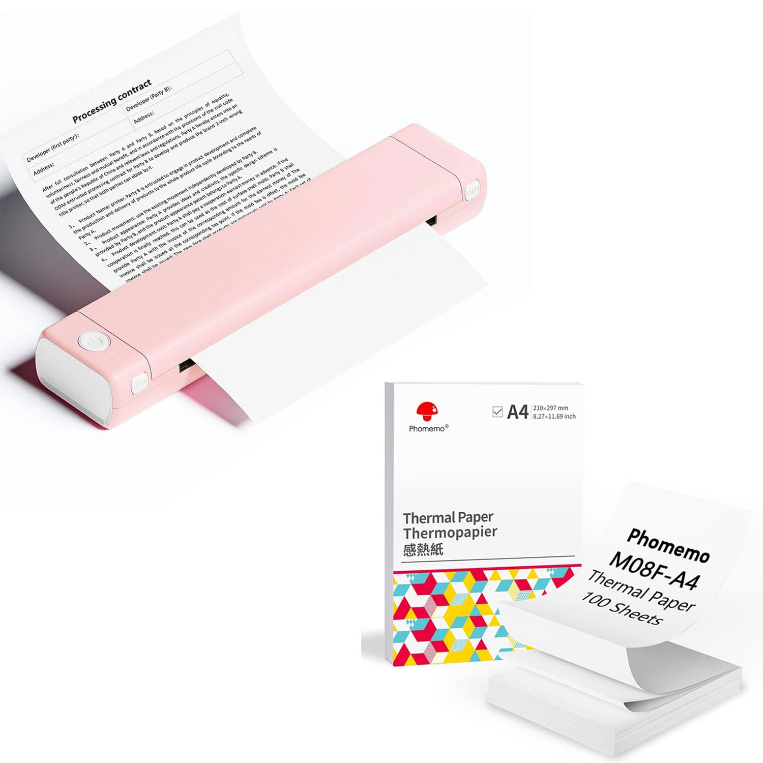 Phomemo Imprimante Portable A4 M08F Rose Blanc avec 100 Feuilles de Papier Thermique A4 Plié, Imprimante Mobile Bluetooth sans Fil pour Voyages, Voiture, Bureau et Maison