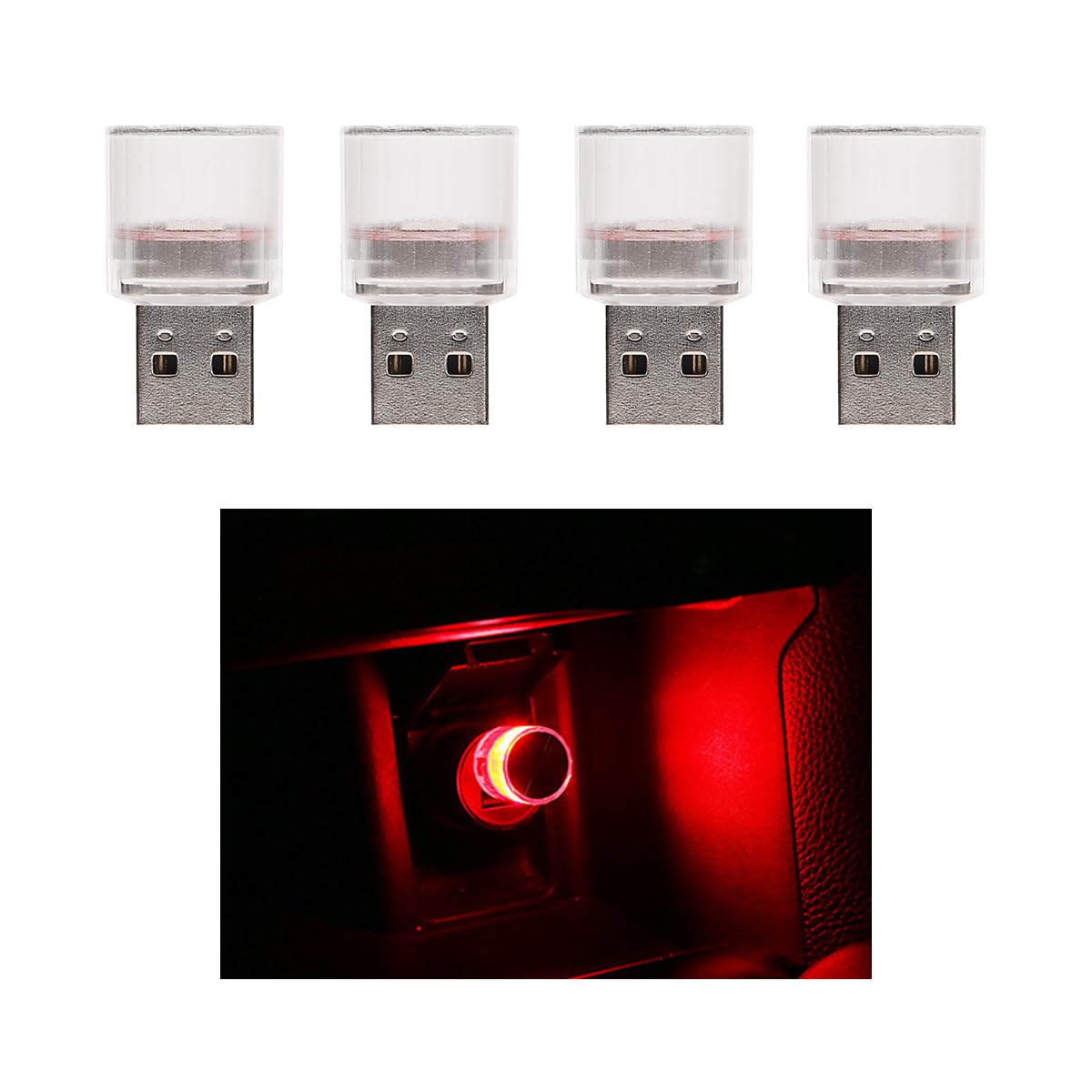 4 PCS USB LED Car Interior Atmosphere Lamp, Plug-in Mini USB LED Light for Auto Interior Decor, Portable Ambient Lighting Kit Universal for Most Vehicles, Car Accessories (Red)