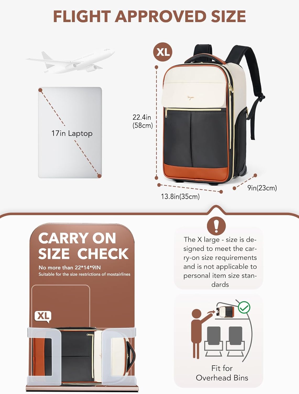 Rolling Backpack for Women, 22 Inch Carry on Luggage Suitcase Flight Approved, X Large Roller Travel Laptop Backpack with Wheels for Overnight Weekender Bussiness Work (Beige,XL Carry on Size)