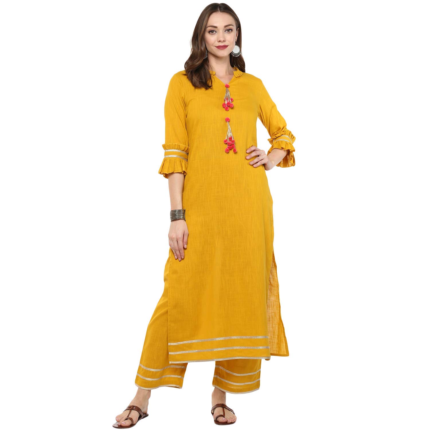 Idalia Mustard Solid Kurta With Palazzo Pants