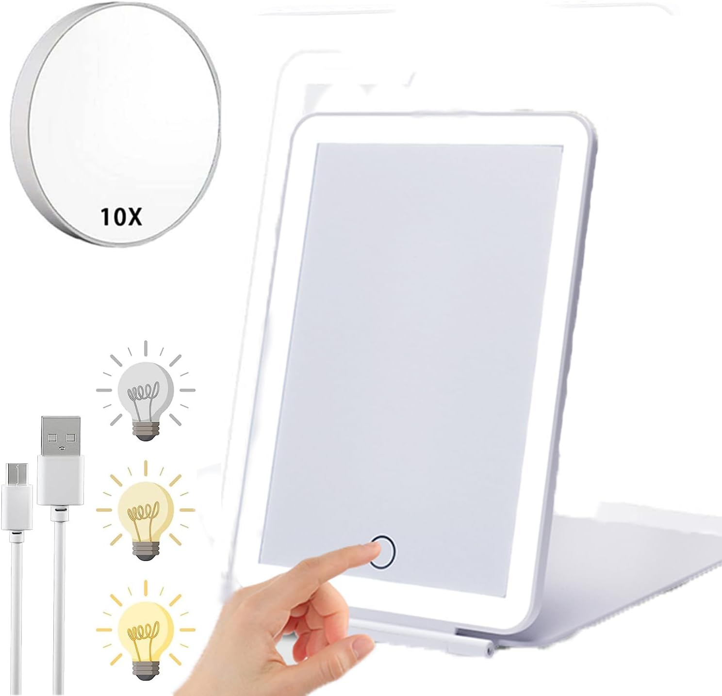 Vanity Mirrors- Makeup Mirror with 72 Led Light, 3 Color Lighting, Touch Screen Adjustable Light Brightness, Travel Mirror Portable with USB Charging, with 10X Magnification, Adjustable Standing Angle