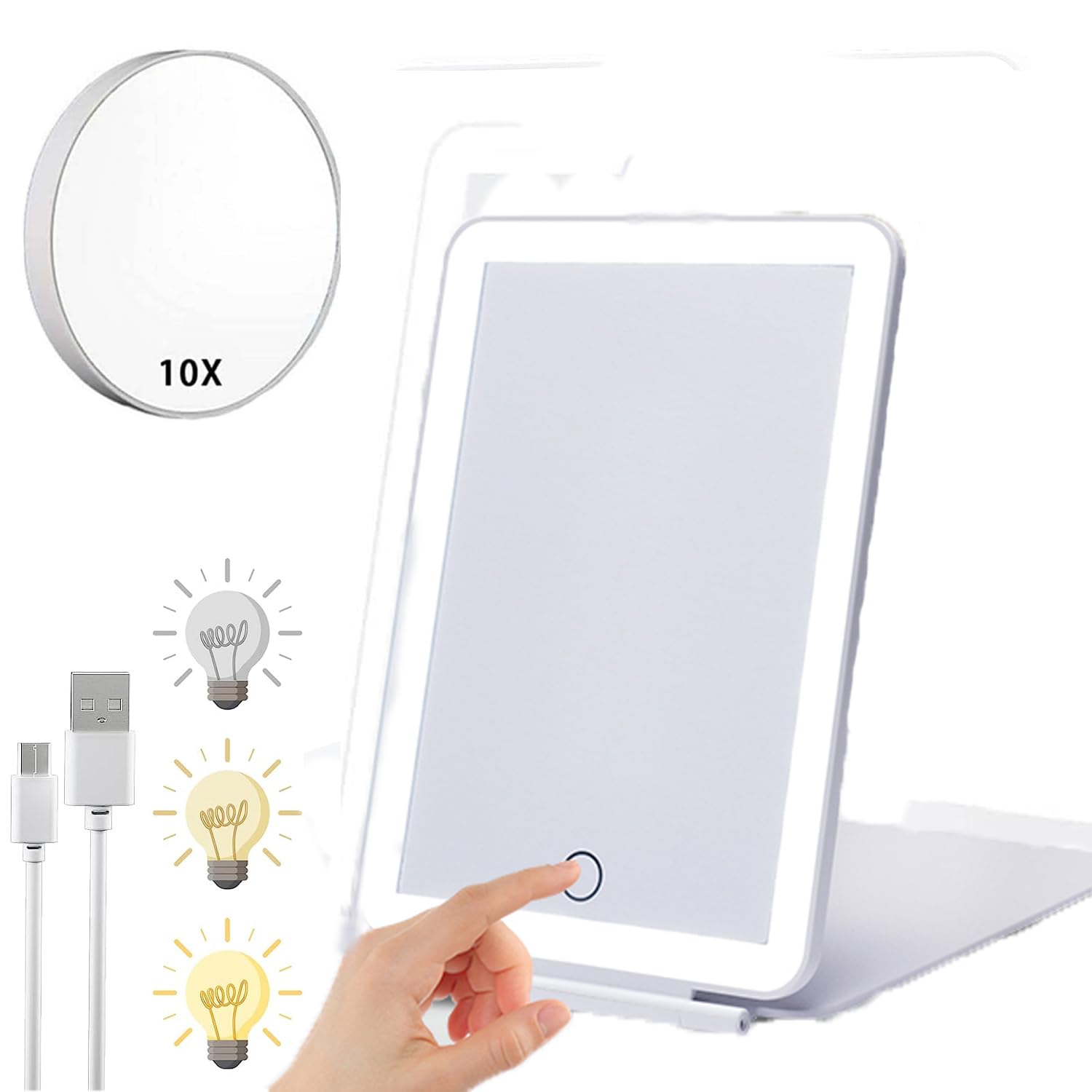 Vanity Mirrors- Makeup Mirror with 72 Led Light, 3 Color Lighting, Touch Screen Adjustable Light Brightness, Travel Mirror Portable with USB Charging, with 10X Magnification, Adjustable Standing Angle