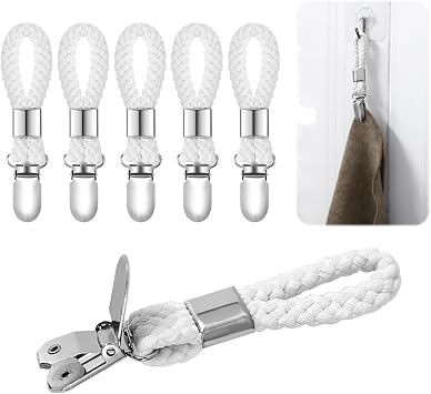 6 Pack Towel Clips for Kitchen, Hanging Tea Towel Clip with Braided Cotton Loop, Metal Holders Set for Home Bathroom Use, Kitchen Clip Hangers for Cupboards, Oven Handle Wall Hooks, White