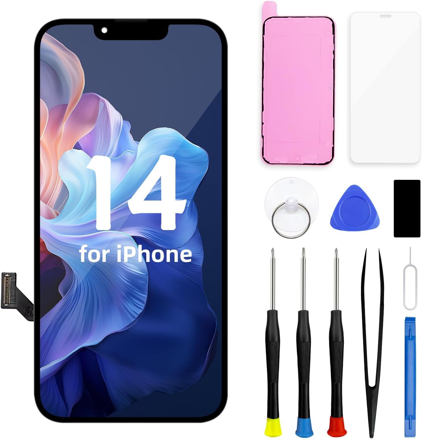 for iPhone 14 LCD Screen Replacement 6.1 inch, 3D Touch Screen LCD Display Digitizer Assembly with Repair Tools, Waterproof Frame Sticker, Tempered Protector (Model A2649, A2881, A2882, A2883, A2884)