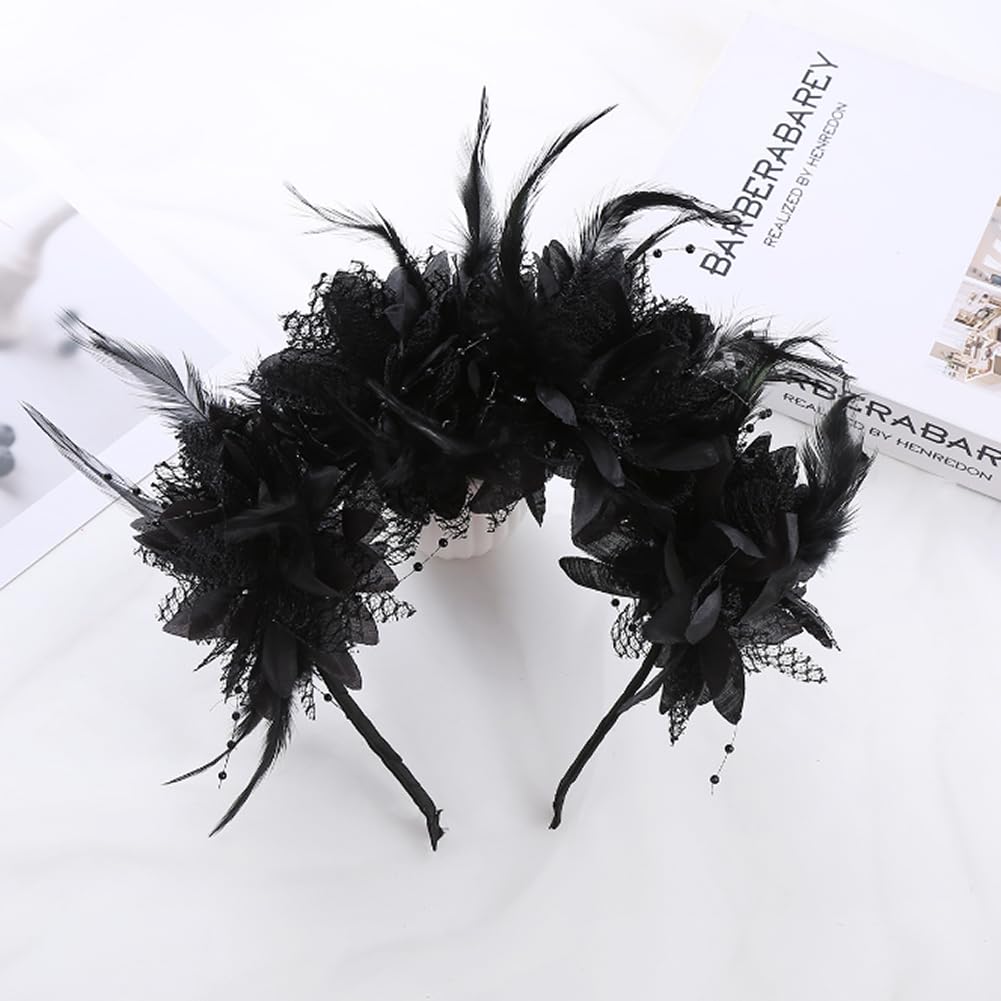 Gothic Floral Headband Black Rose Lace Hair Crown with Feathers Halloween Head Wear Party Photo Props Accessory - Image 3