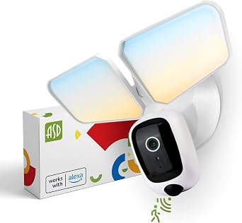 ASD Security Flood Light Camera Outdoor - Smart Floodlight Camera, 180 Motion Sensor Light, Works with Alexa & Google Assistant, 20W 120V 2700-5000K, Dusk to Dawn Lighting, White, UL, DLC Premium