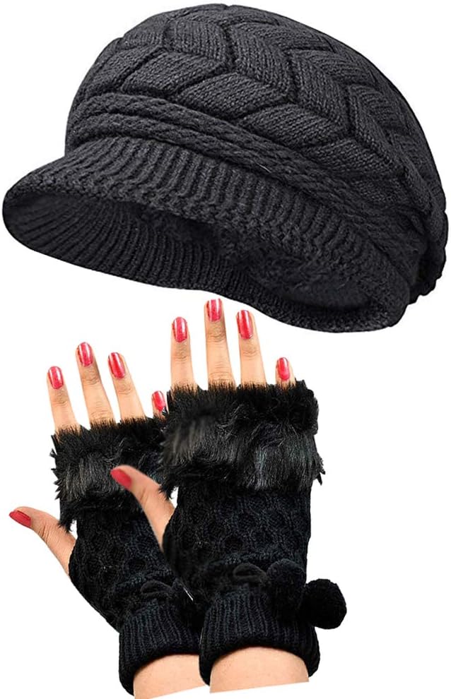 Fashion Sutra Women's Combo of Winter Warm Knit Hat Wool Snow Ski Caps with Stylish Fingre Cut Fur Faux Hand Gloves (Black, Free Size)
