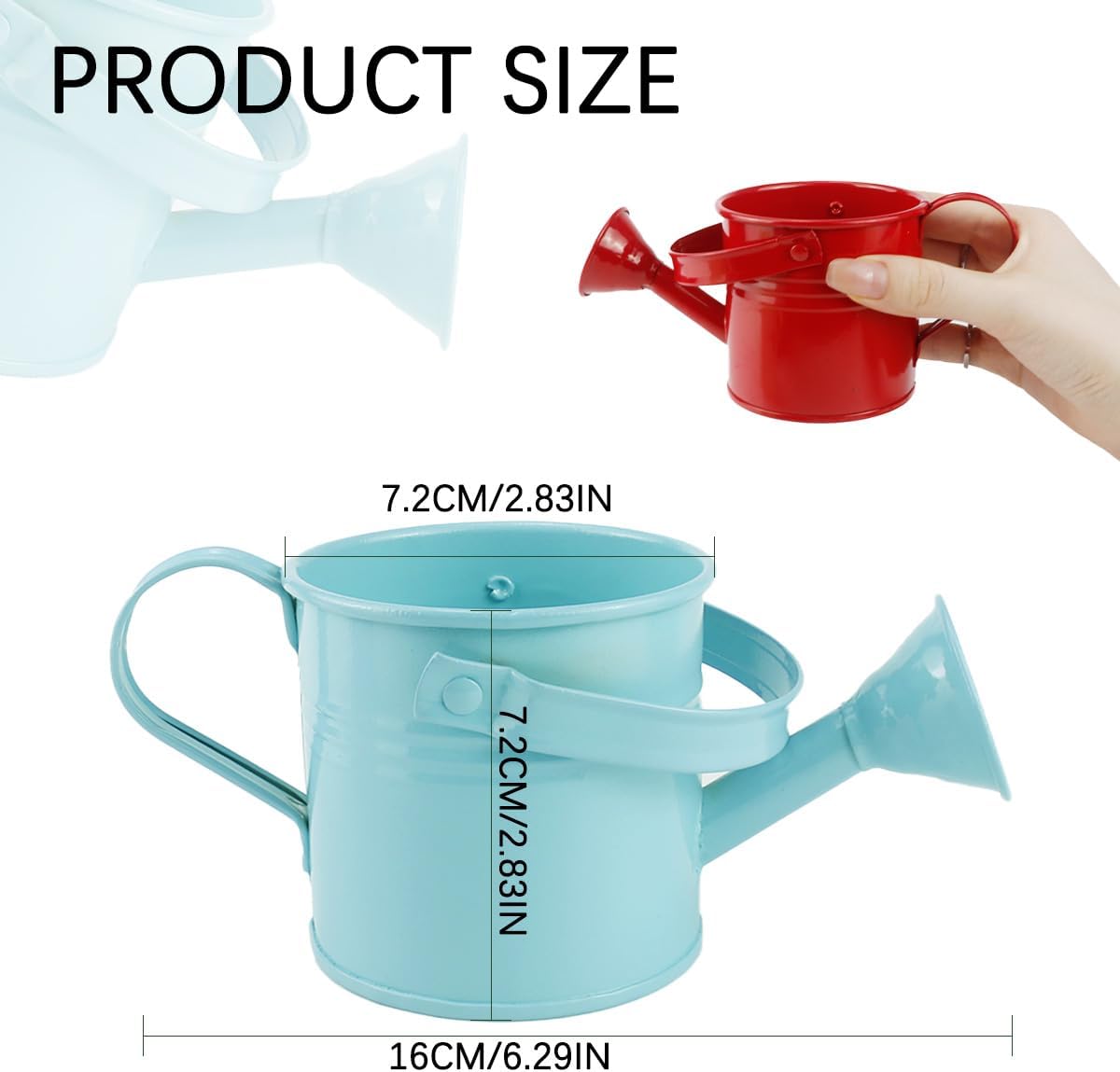 2Pcs Mini Watering Can Sprinkler Bucket for Kids Metal Gardening Water Pot for Outdoor and Indoor House Plants, Blue/Red/Cute Watering Can image 2