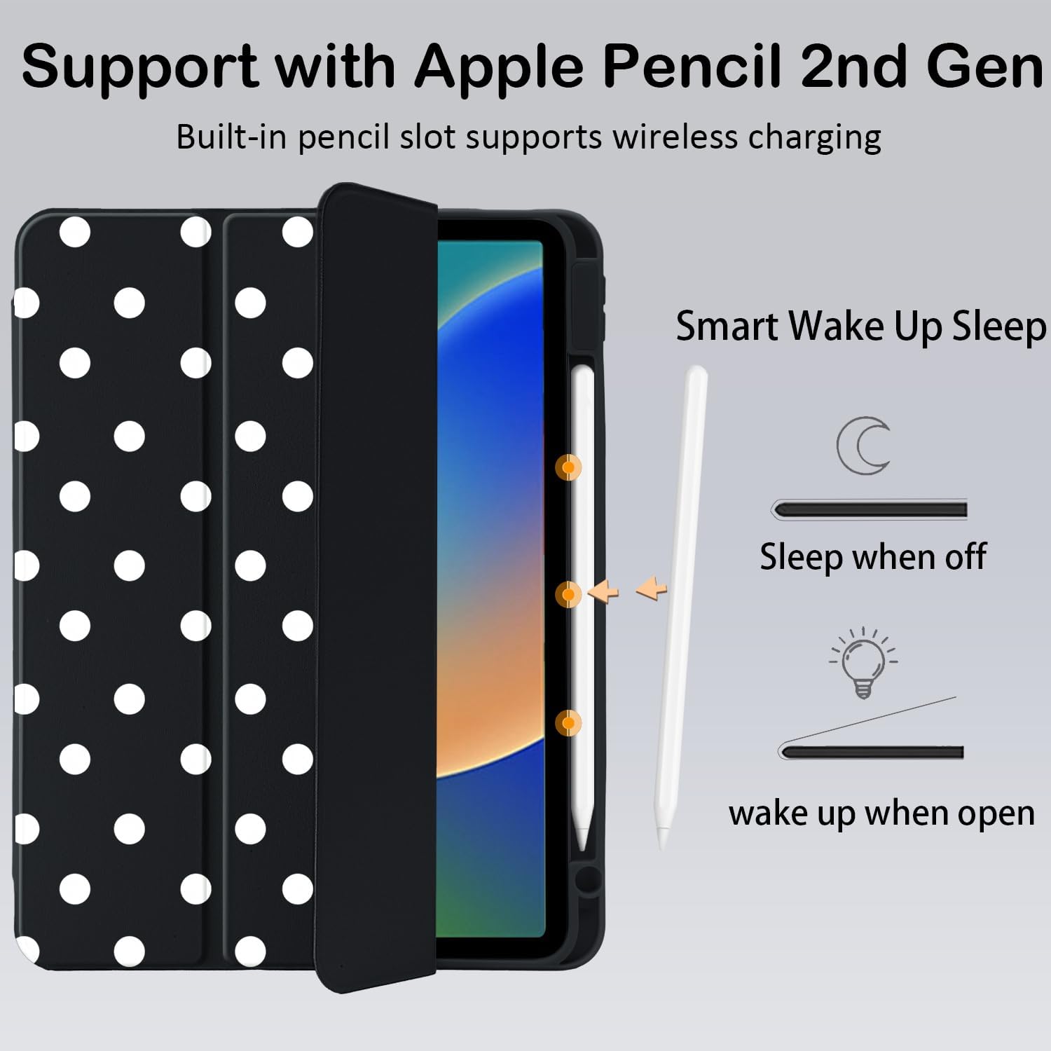 Cute Polka Dot for iPad (A16) 11th Generation Case 11 Inch 2025, for iPad 10th Gen Case 10.9 Inch 2022 with Pencil Holder, Auto Sleep/Wake, Black Leather Clear Acrylic Back Cover