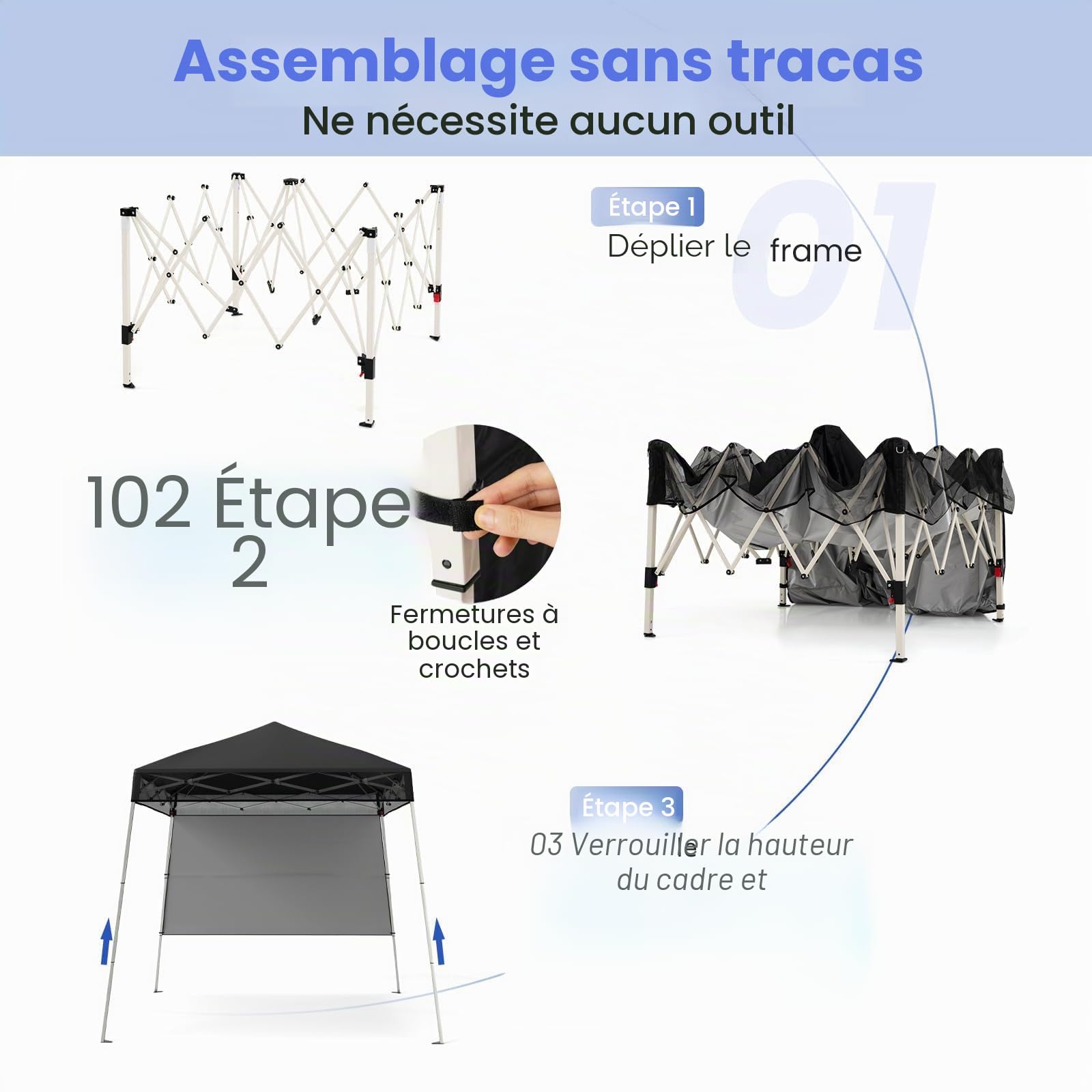 FANTASK Tonnelle Pop-up - Réglable en Hauteur - Imperméable et résistante à l'hiver - avec paroi latérale et Crochets de Sol - pour Jardin, fête - Noir