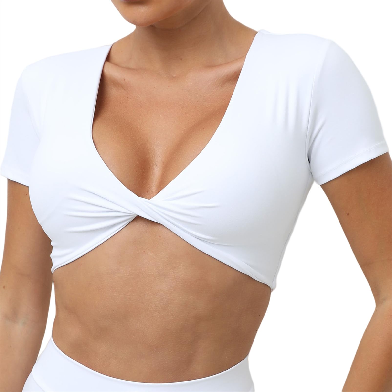 SEAUR Sport Crop Top damski z głębokim dekoltem w serek, wyściełany, obcisła koszulka do biegania, bez brzucha, sportowa koszulka z krótkim rękawem, na siłownię, jogę, fitness, rozmiar S