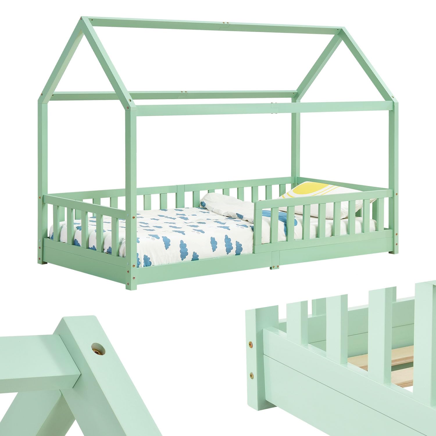 Juskys Cama infantil Marli 90 x 200 cm con barrera anticaída, somier de láminas y techo - Cama caseta de madera maciza para niños - Color menta
