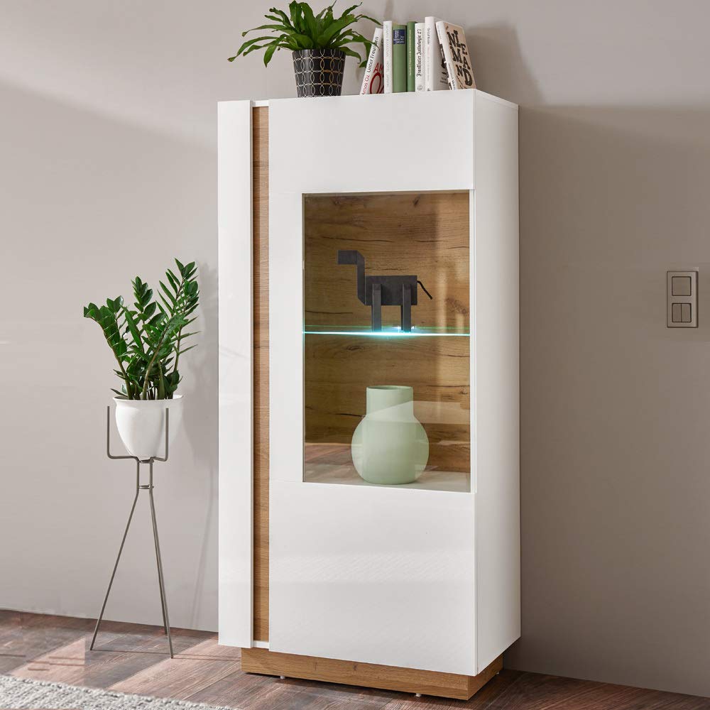 Lomadox Vitrine LED-Highboard in weiß Glanz mit Abs. Grandson-Oak Eiche Nb