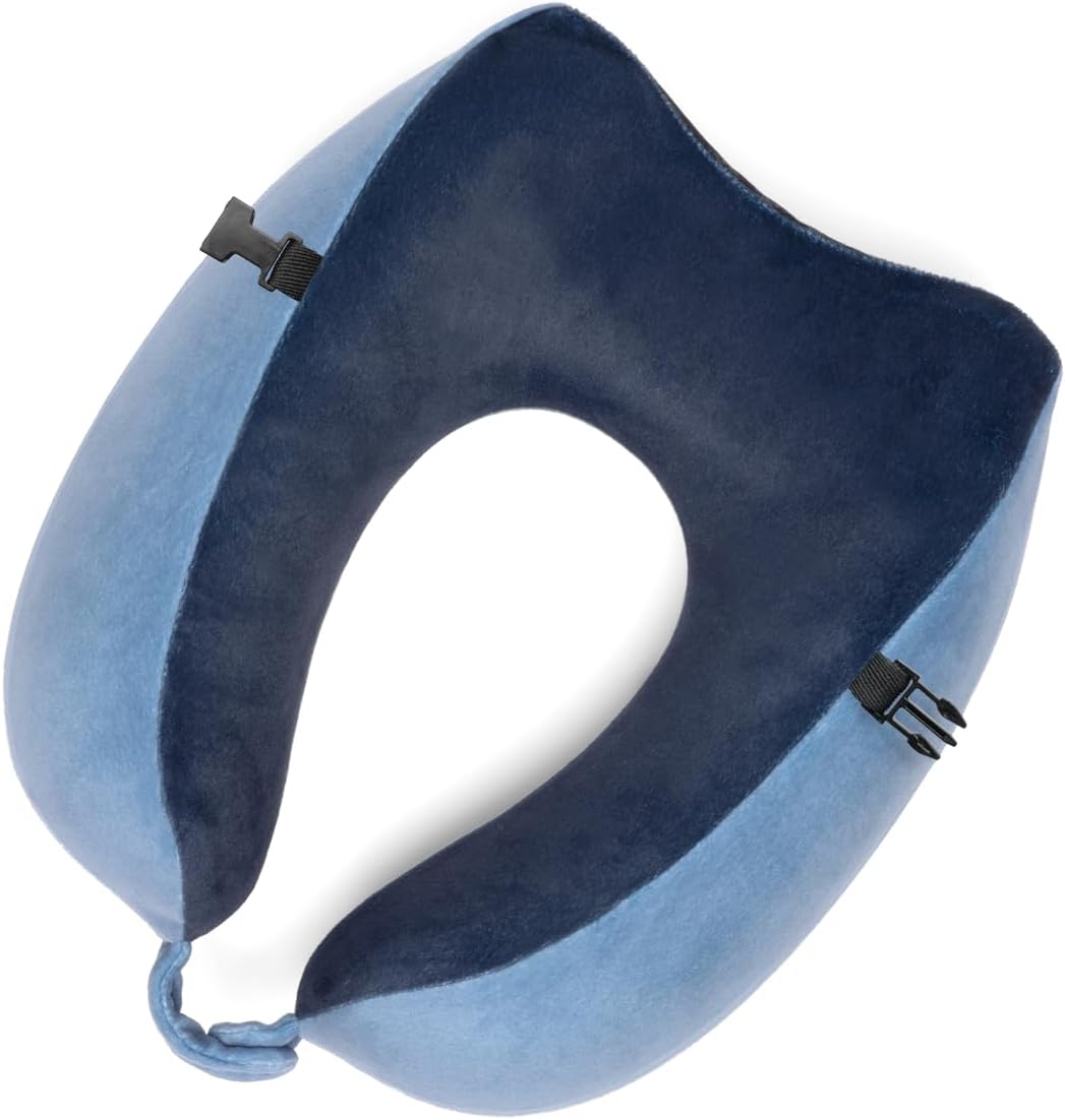 Man sleeping comfortably on an airplane seat with the blue Brookstone Memory Foam Neck Travel Pillow around his neck.