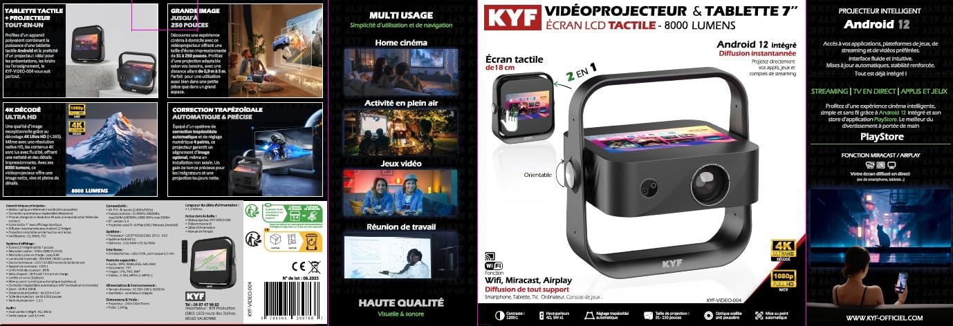 Beamer Ultra HD 4K Android 9 mit 17,8 cm (7 Zoll) KYF Touchscreen, 4K, 6000 Lumen, WLAN 6, Bluetooth 5.1, Autofokus