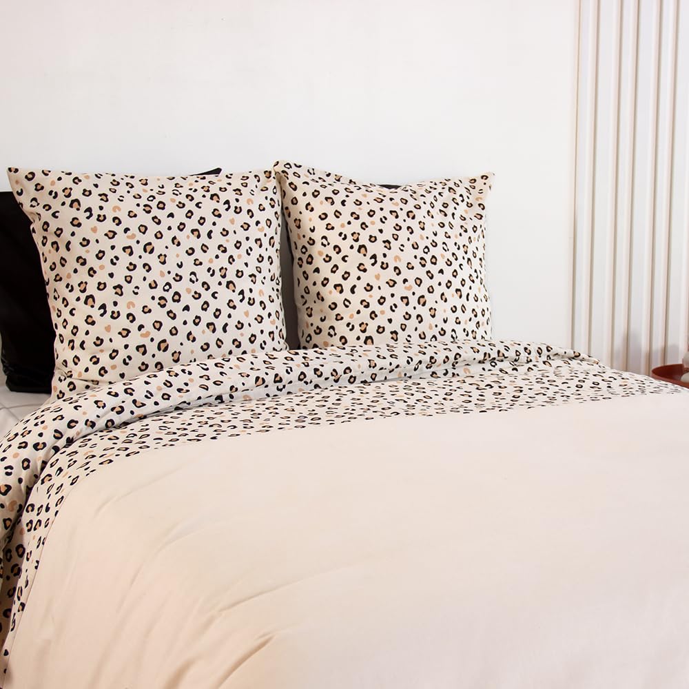 CÔTE DECO Parure de Lit 240x260cm Léopard Beige - Coton– 3 pièces | 1 Housse de Couette Adulte 240x260cm + 2 Taies d'Oreiller 63x63cm