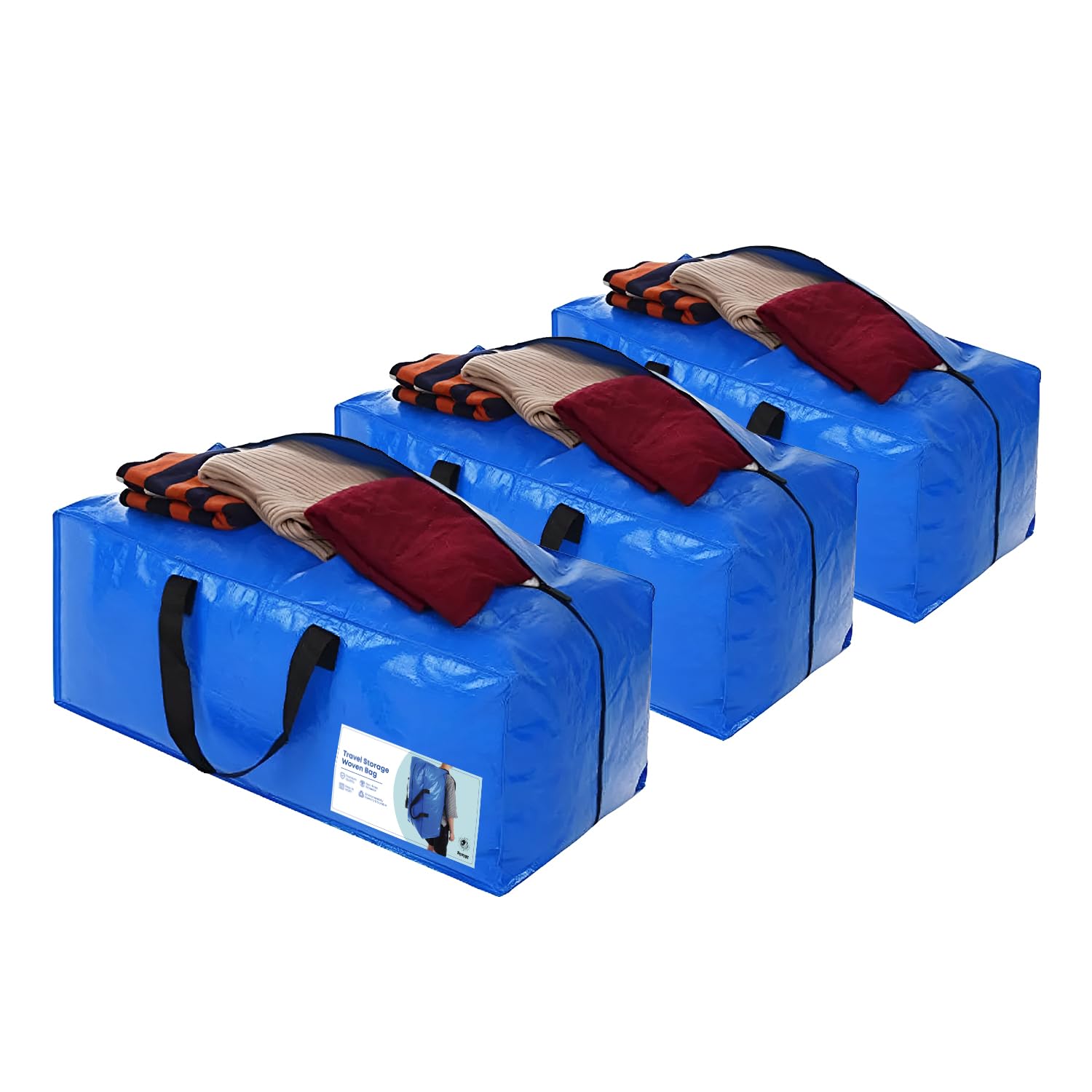 Syzygy 3-Pcs Heavy-Duty Travel Bag Set – Large Capacity Foldable Travel Backpack, Moving Bag, 30-70 kg Load, Durable Woven Bags for Travel, Camping, Men & Women Essentials, Blue