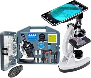 Microscope 300X-1200X for Kids Beginners Lab Compound Monocular Microscopes with Optical Glass Lenses & LED Illumination - Microscope with Smartphone Adapter for Kids Beginner