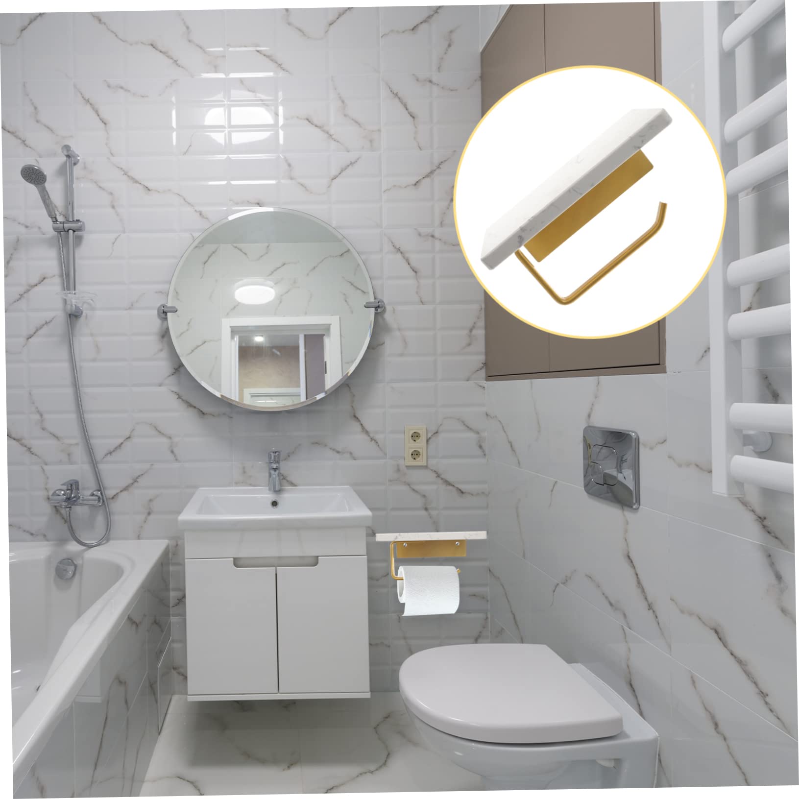 Lurrose Portarrollos de Papel Higiénico Fácil de Instalar de Mármol Blanco, con Estante, Montado en Pared, Moderno y Sencillo, para Baño y Aseo