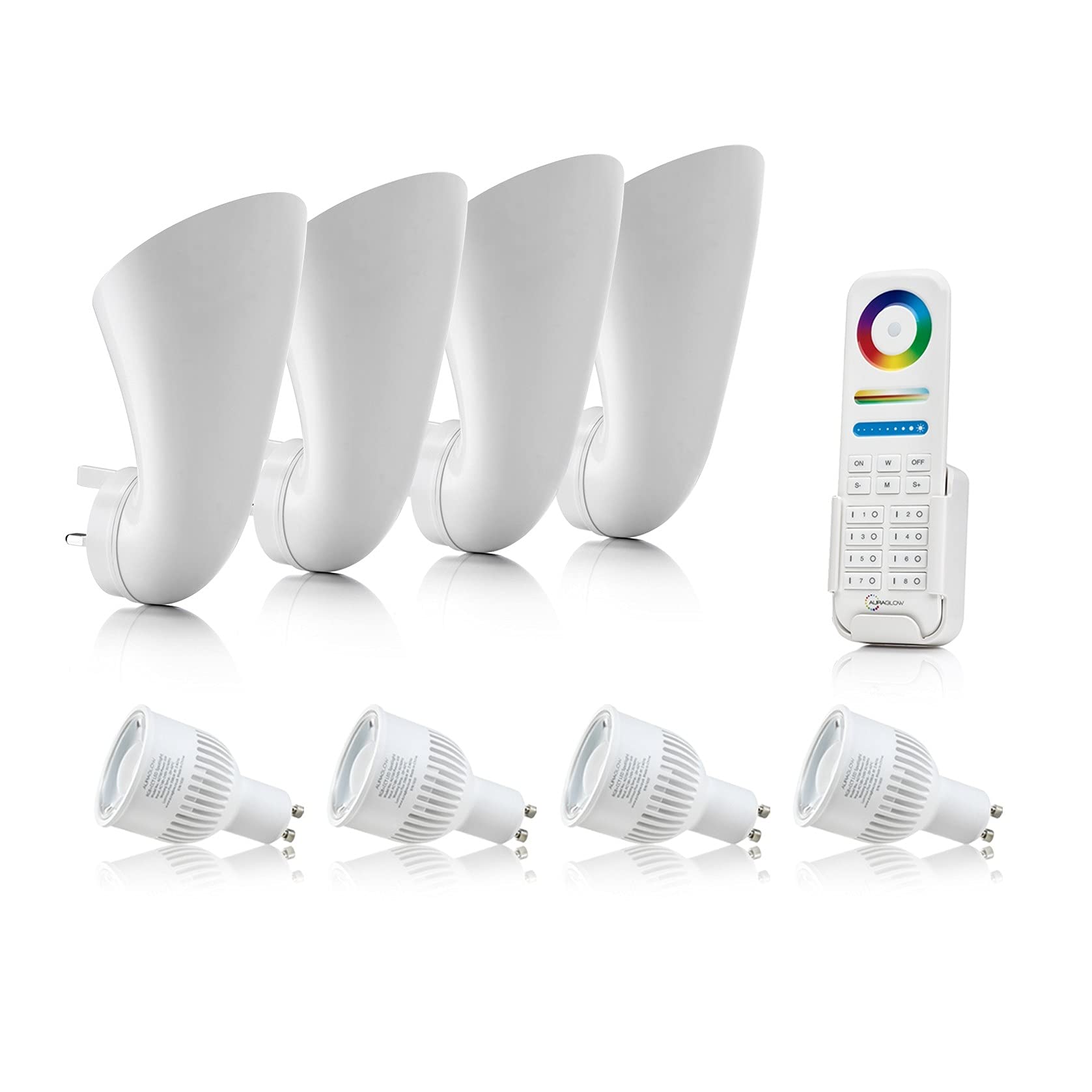 Auraglow Plugin GU10 Spotlight Uplighter Wall Wash Light Plug Socket Lamp with Colour Changing LED Smart Bulb & 8 Zone Remote - 4 Pack