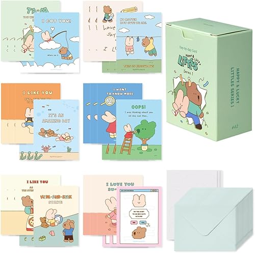 Monolike Tarjeta día a día, serie Happy and Lucky Littles. 1 - Mezcla de 36 mini tarjetas individuales, 36 sobres, 36 calcomanías