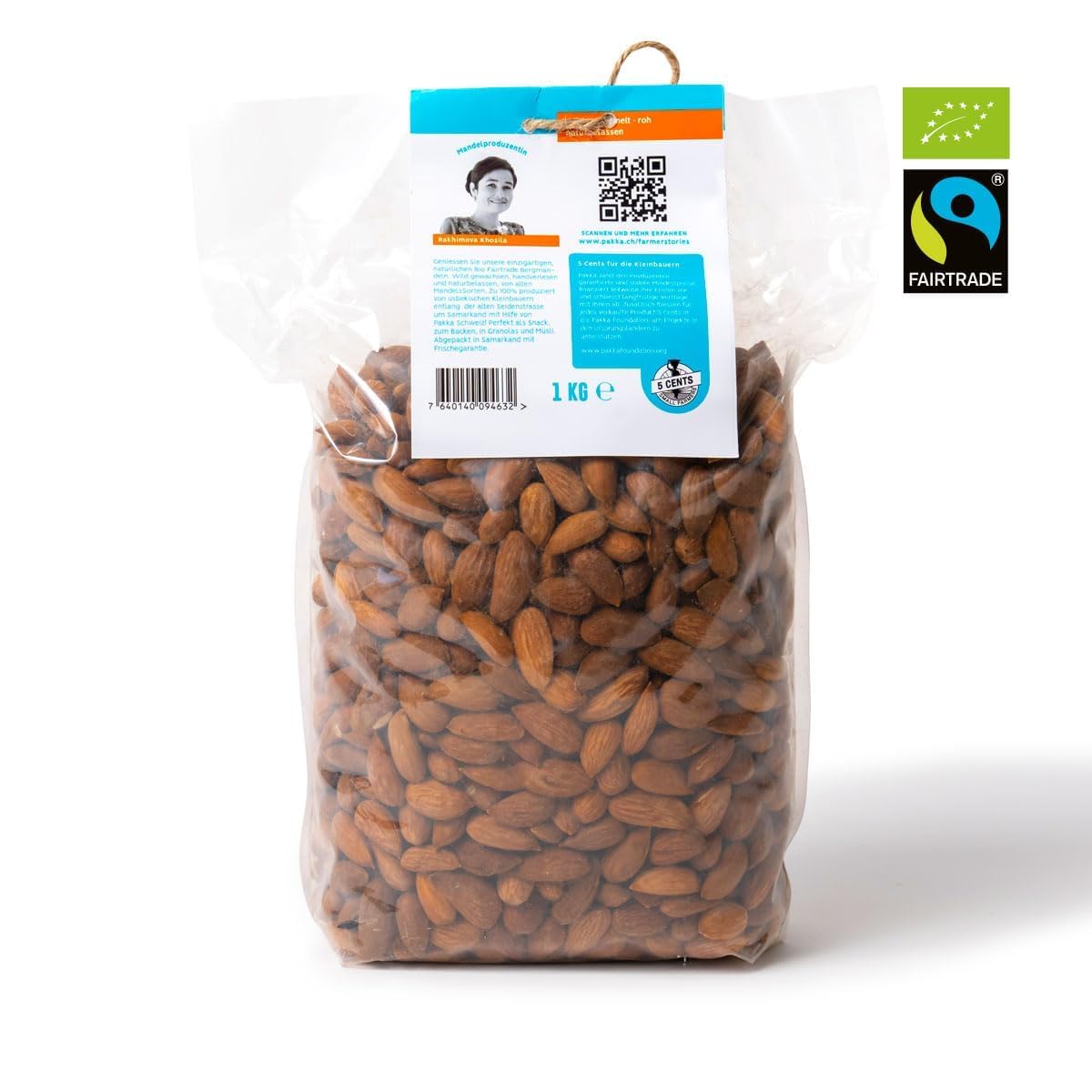 PAKKA - Bio Fairtrade Mandeln - rohe wilde Bergmandeln 1kg, Öko Mandelkerne mit brauner Haut, wildgesammelt direkt von Kleinbauern aus Samarkand in Usbekistan, vegan, Familienpackung, 1000g (1er Pack)