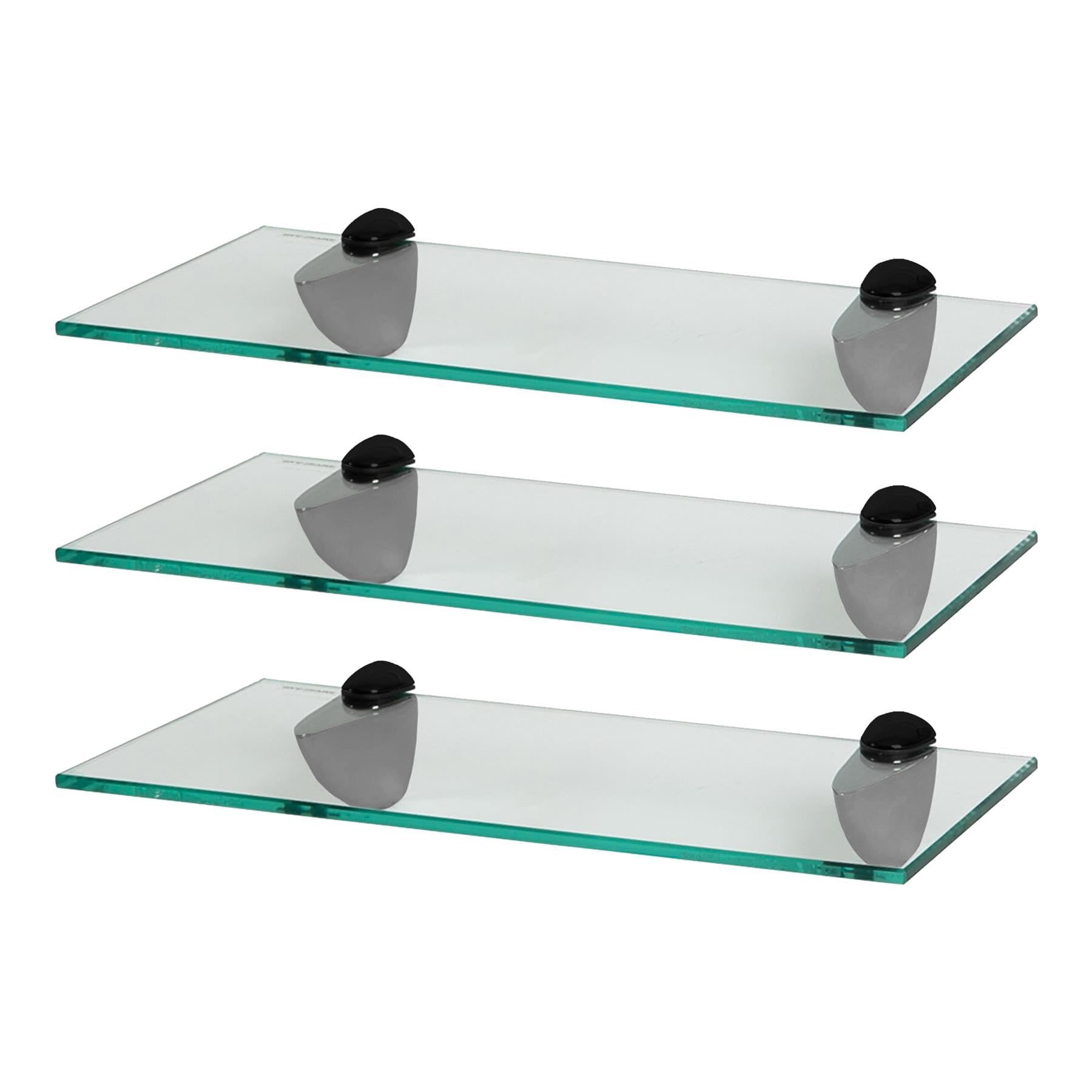 Harbour Housewares Floating Glass Bathroom Shelves - 40cm - Clear/Black - 3x Wall-Mounted Kitchen Bedroom Shower Room Décor Caddy Towel Storage Organiser Shelving Rack with Brackets