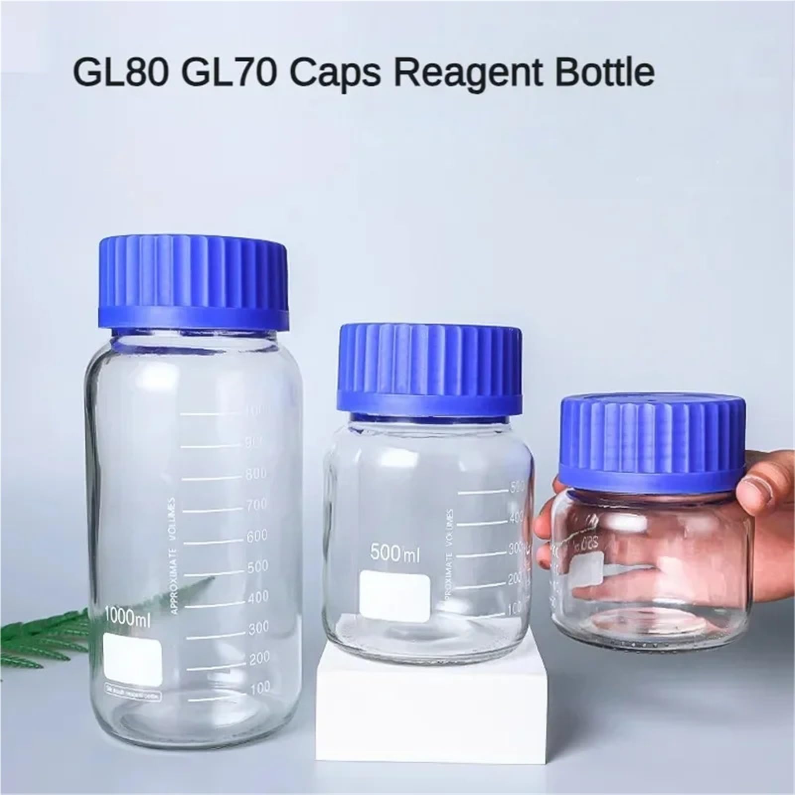 GL80 GL70 Botella de reactivo de boca grande transparente con tapa azul, botella de vidrio for muestra química, botella sellada de boca ancha con escala(GL80 1000ML)