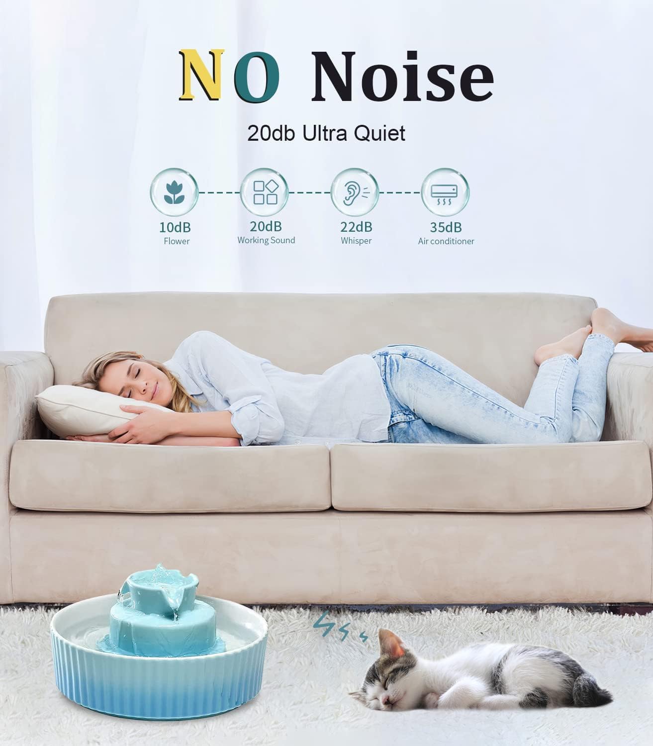 Fontana per gatti in ceramica, 2,1 l, silenziosa, con filtro a carbone attivo in cotone, per bere più animali domestici (sfumatura verde)