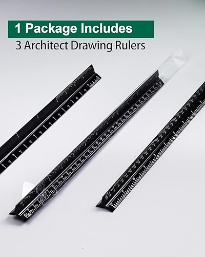 Miniatura 4 de Regla de escala de ingeniero, paquete de 2 reglas triangulares de 12 pulgadas, regla de escala de metal para planos, regla de dibujo para ingeniero