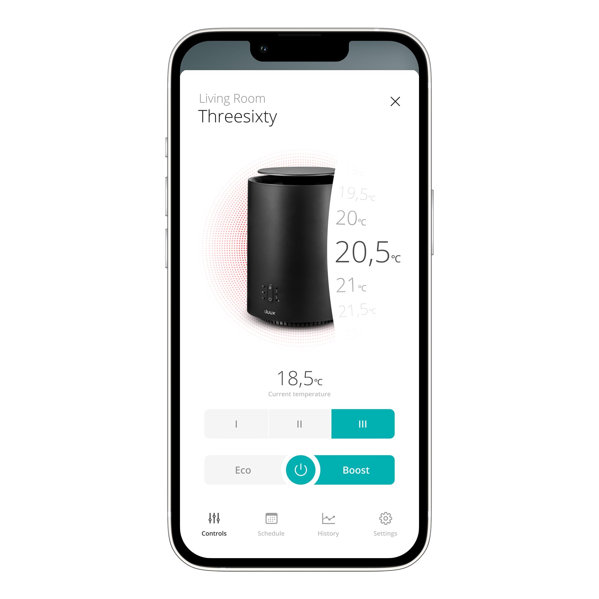 Duux Threesixty 2 Smart elektryczny piec grzewczy, ogrzewanie 1800 W z termostatem, 3 prędkości, sterowanie za pomocą aplikacji, ochrona przed przechyleniem i przegrzaniem, czarny