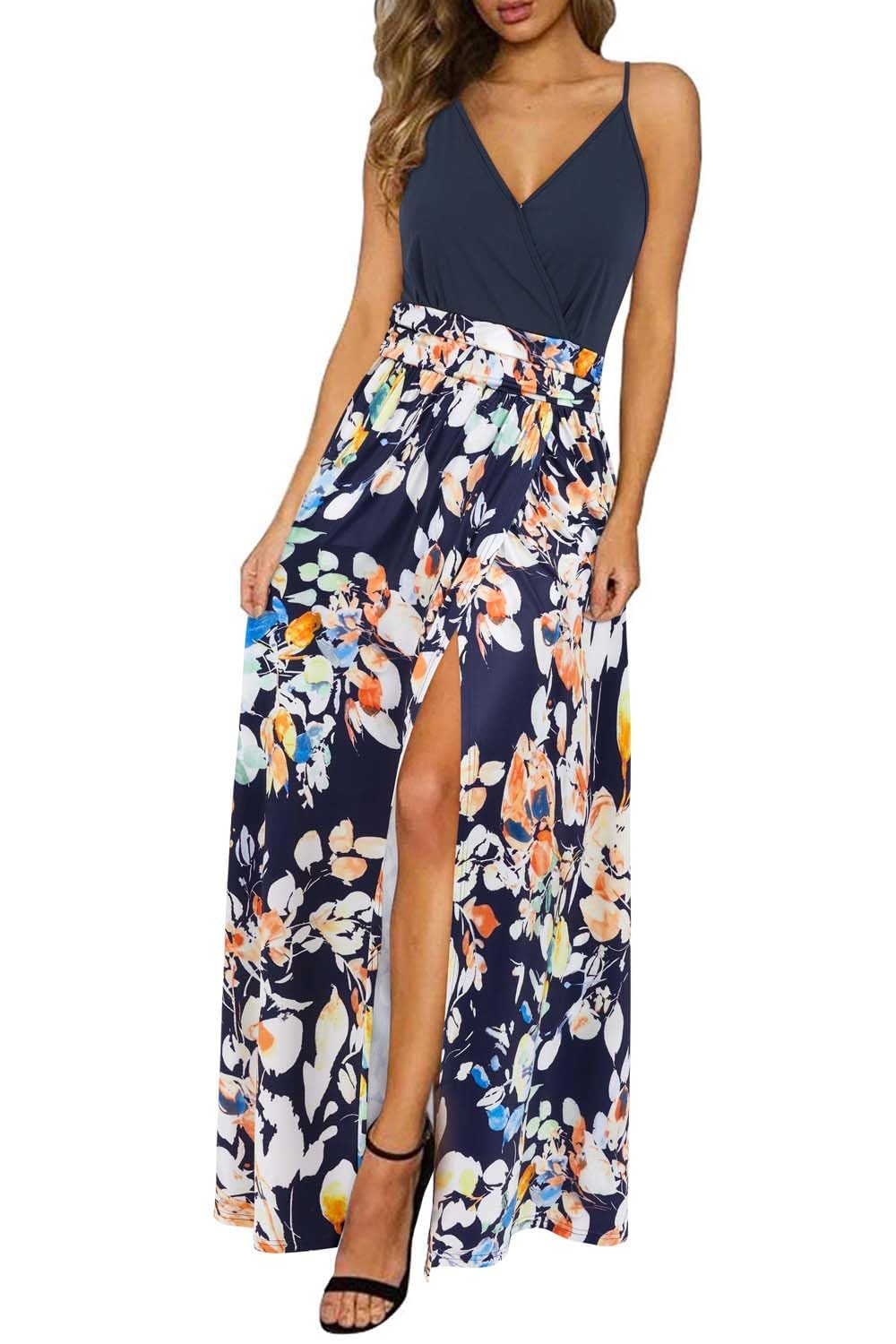 Newshows Women's Sundress Summer 2026 V Neck Plus Size Floral Sleeveless Casual Business Casual Work Long Flowy Maxi Beach Vacation Dress(Blue Floral Orange,S)