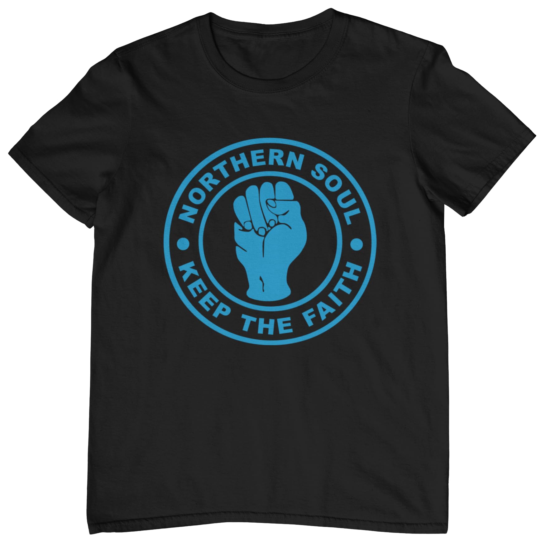 Plastic Revolution Northern Soul T-Shirt (X Large, Black T-Shirt with Sky Blue Print)