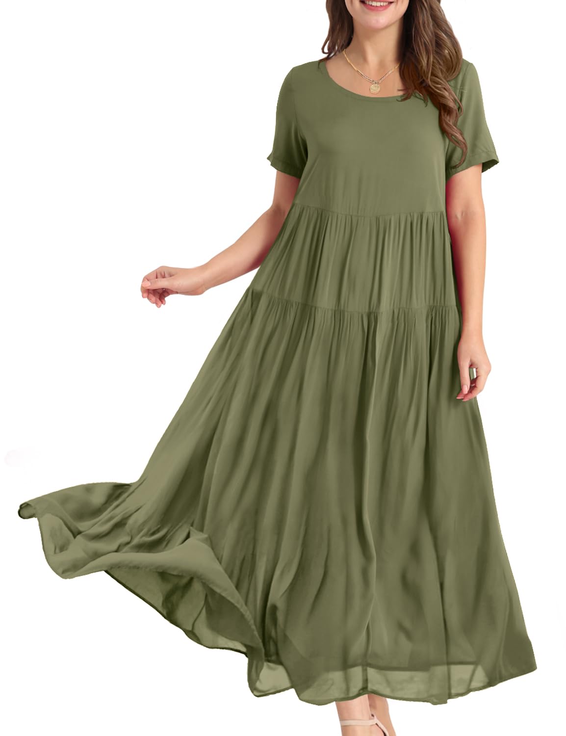 YESNO Damen Kleider Freizeit Lose Sommerkleid Lang Boho Maxikleid für Rundhals Strandkleid Blumenkleid EJFDE