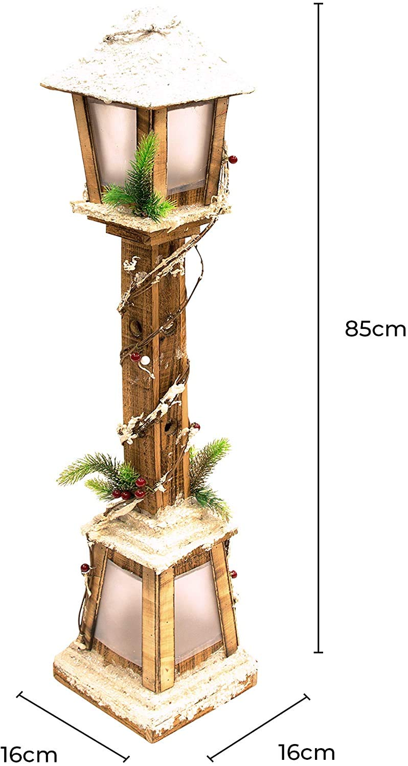 Lampione Natalizio in Legno h. 85 cm Bianco innevato con Luci LED Base 16x16cm Alimentazione a Batteria Decorazione Natalizia Babbo Natale
