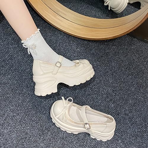 Women's Bow Mary Jane Platform Casual Shoes Comfort Leather Round Toe Ankle Strap Chunky Heel Girls Height Increase School Shoes Grace Non-Slip Nurse Walking Shoes4