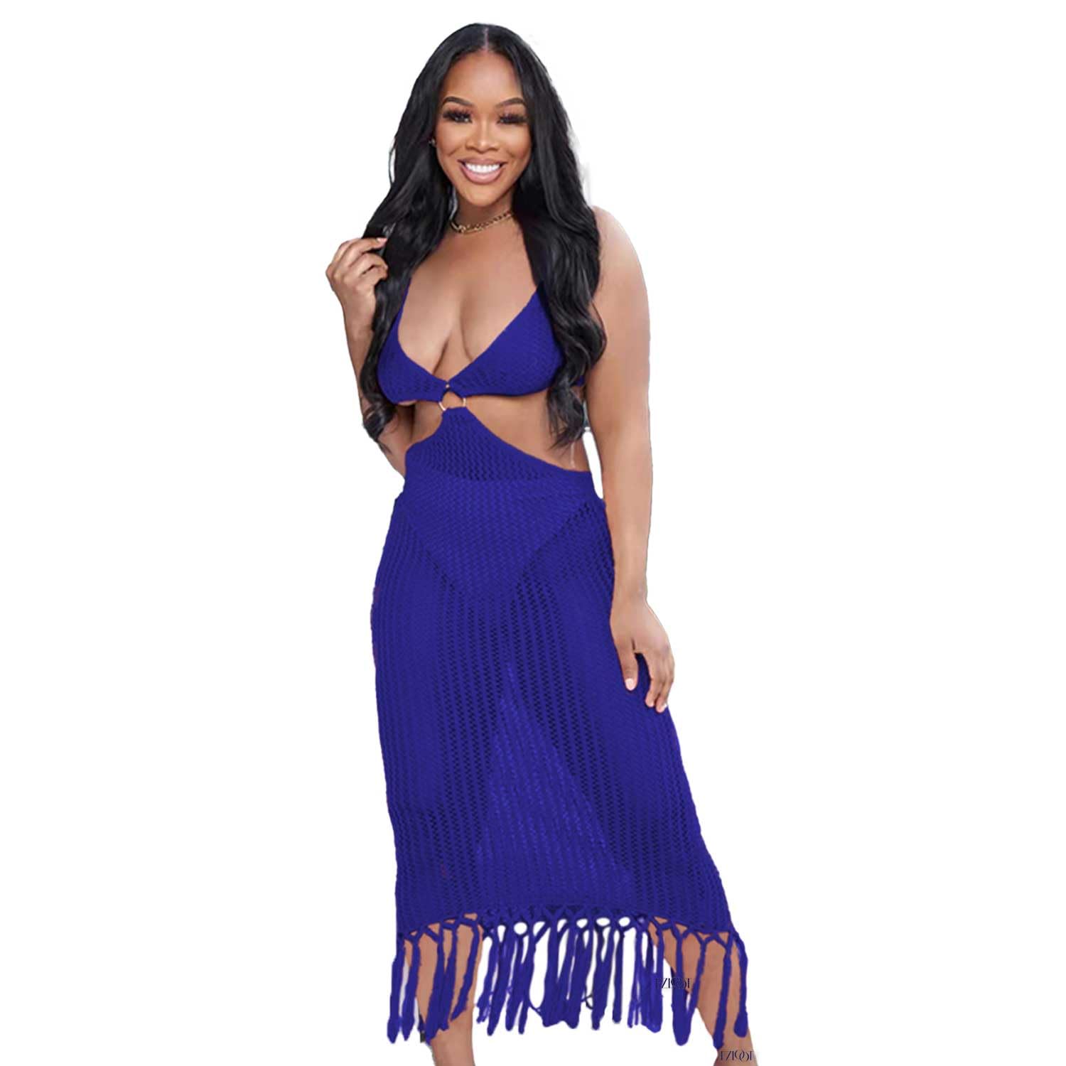 Women Cut Out Crochet Tassel Bikini Swimwear Sleeveless Bathing Cover Up Beach Dresses-image-43