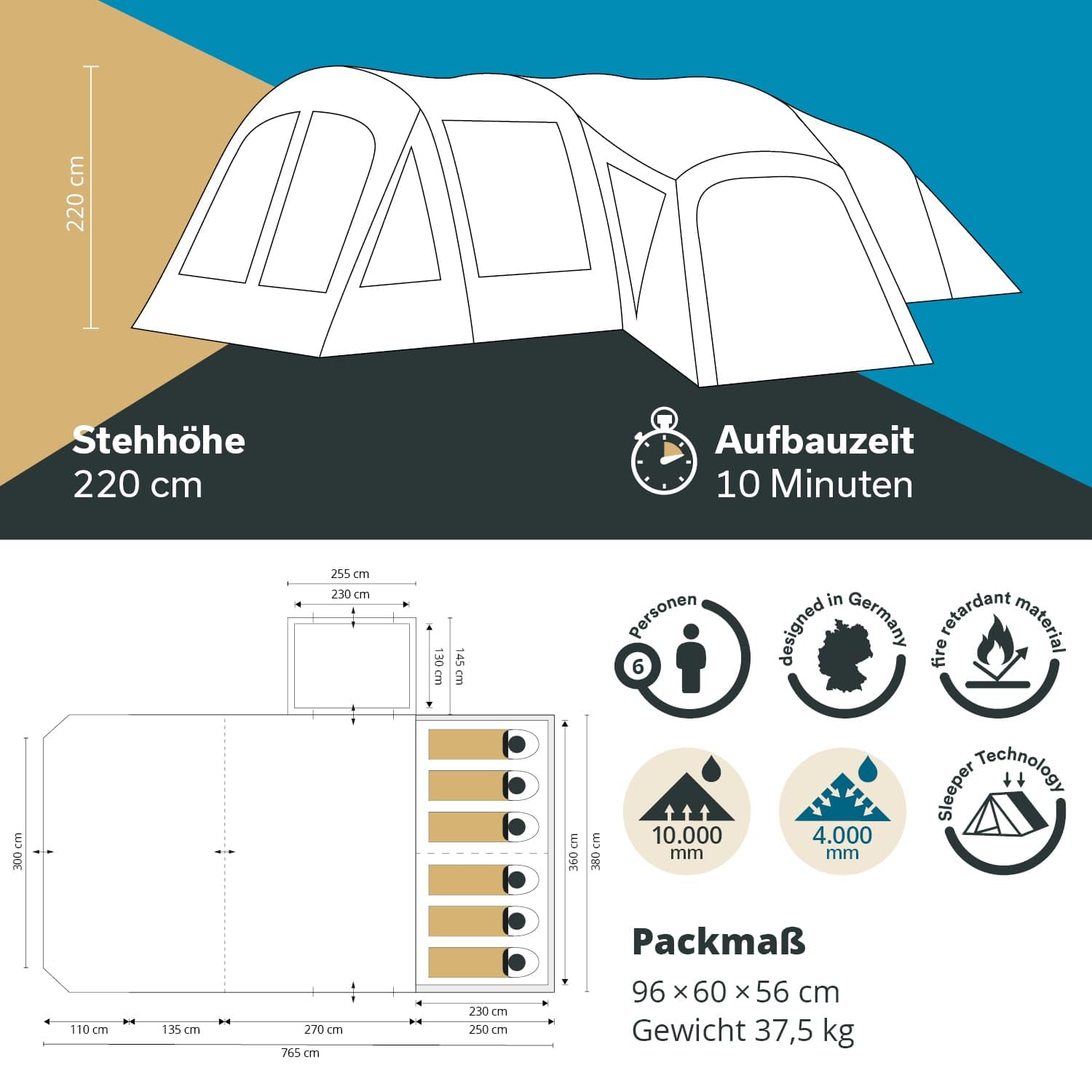 Skandika Timola 6 Air Tenda da campeggio gonfiabile per 6 persone | con/senza tecnologia Sleeper, colonna d'acqua 4000 mm, altezza 220 cm, telone