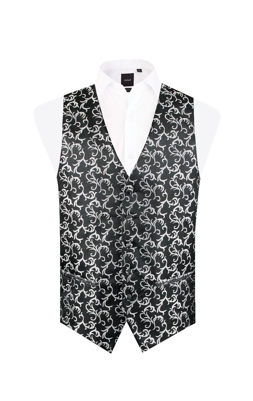 Dobell Mens Black/Silver Waistcoat Regular Fit 5 Button Edwardian Swirl Jacquard Pattern-M (38-40in)