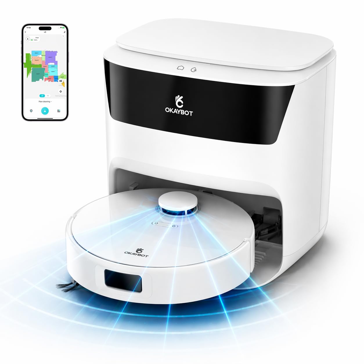 OKAYBOT V3 Saugroboter mit Selbstreinigungs- und Trocknungsfunktion, Doppelten Wischmops und Anti-Tangle Bürsten, LiDAR-DTOF Navigation, Ideal für Tierhaare & Teppiche