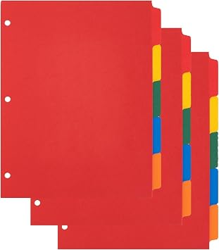3 Ring Binder Dividers, 5 Color Tabs Poly Index Dividers, Letter Sized - Extra Durable for School, College, Kids and Adults - 15 Sheets