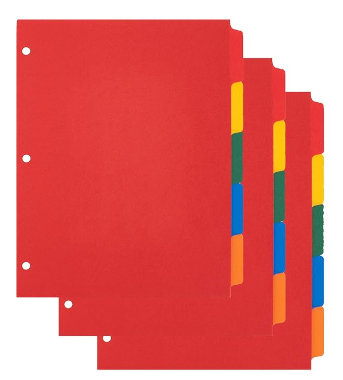 3 Ring Binder Dividers, 5 Color Tabs Poly Index Dividers, Letter Sized