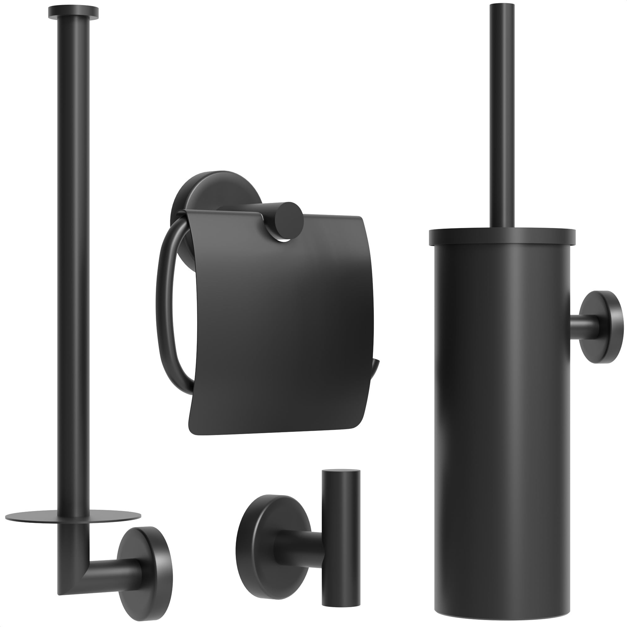Avalo Toilettenzubehör Set Schwarz 4-teilig - Luxus-Toilettengarnitur - Toilettenbürste mit Halter/Toilettenpapierhalter/Ersatzpapierhalter/Handtuchhaken - inkl. Befestigungsmaterial