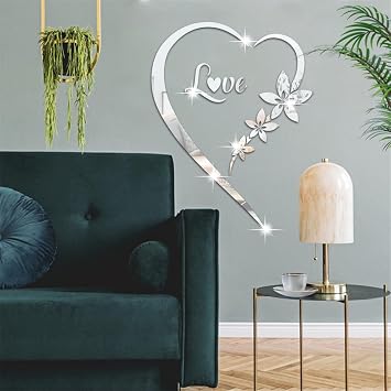 Heart Shape Mirror Wall Sticker, Self-Adhesive Love Heart Acrylic Mirror Wall Stickers Art Mural, DIY Walls Art Home Decor Heart Mirror Wall Decals for Living Room Bedroom Bathroom Office Silver