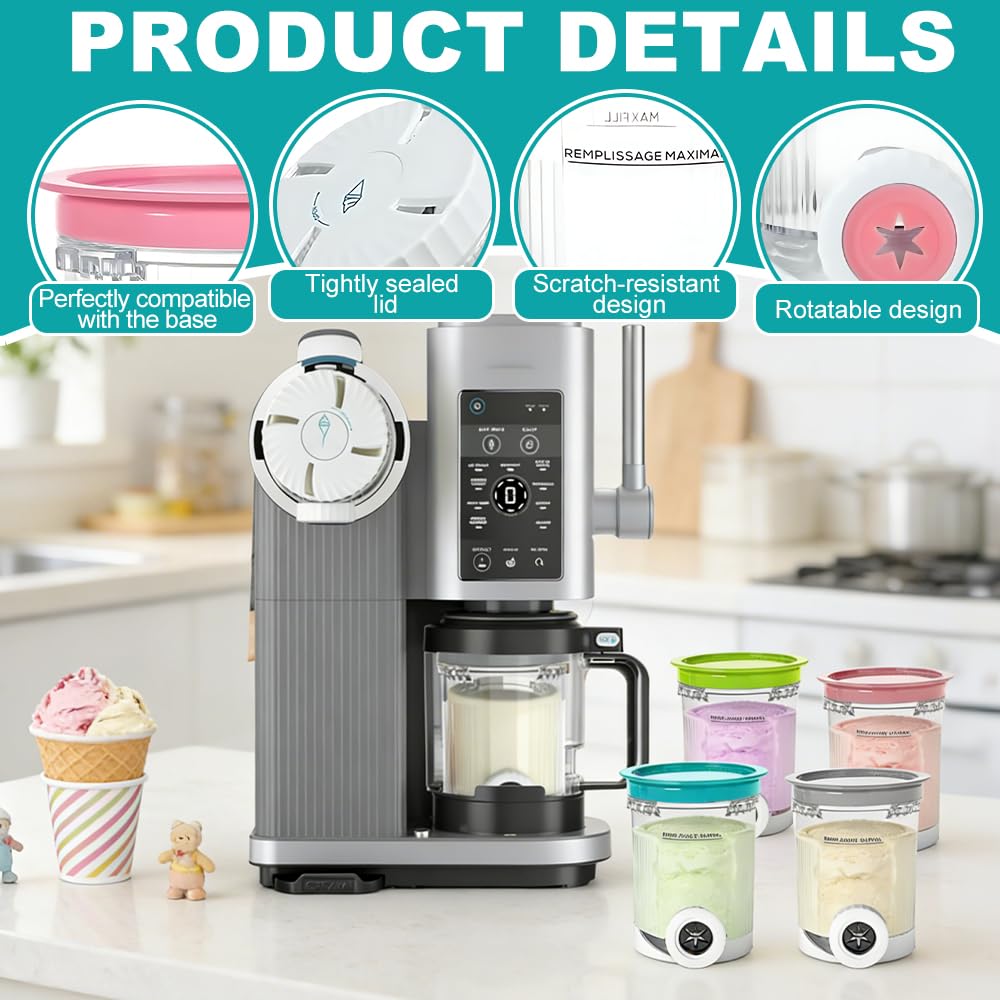NAVESO 4 Pièces Pot pour Ninja Creamy Deluxe 500ml, Récipient pour Ninja Creami avec Couvercle et Cuillère, Accessoires pour Machine à Glace Ninja pour Série NC700, Sans BPA et Lave-Vaisselle
