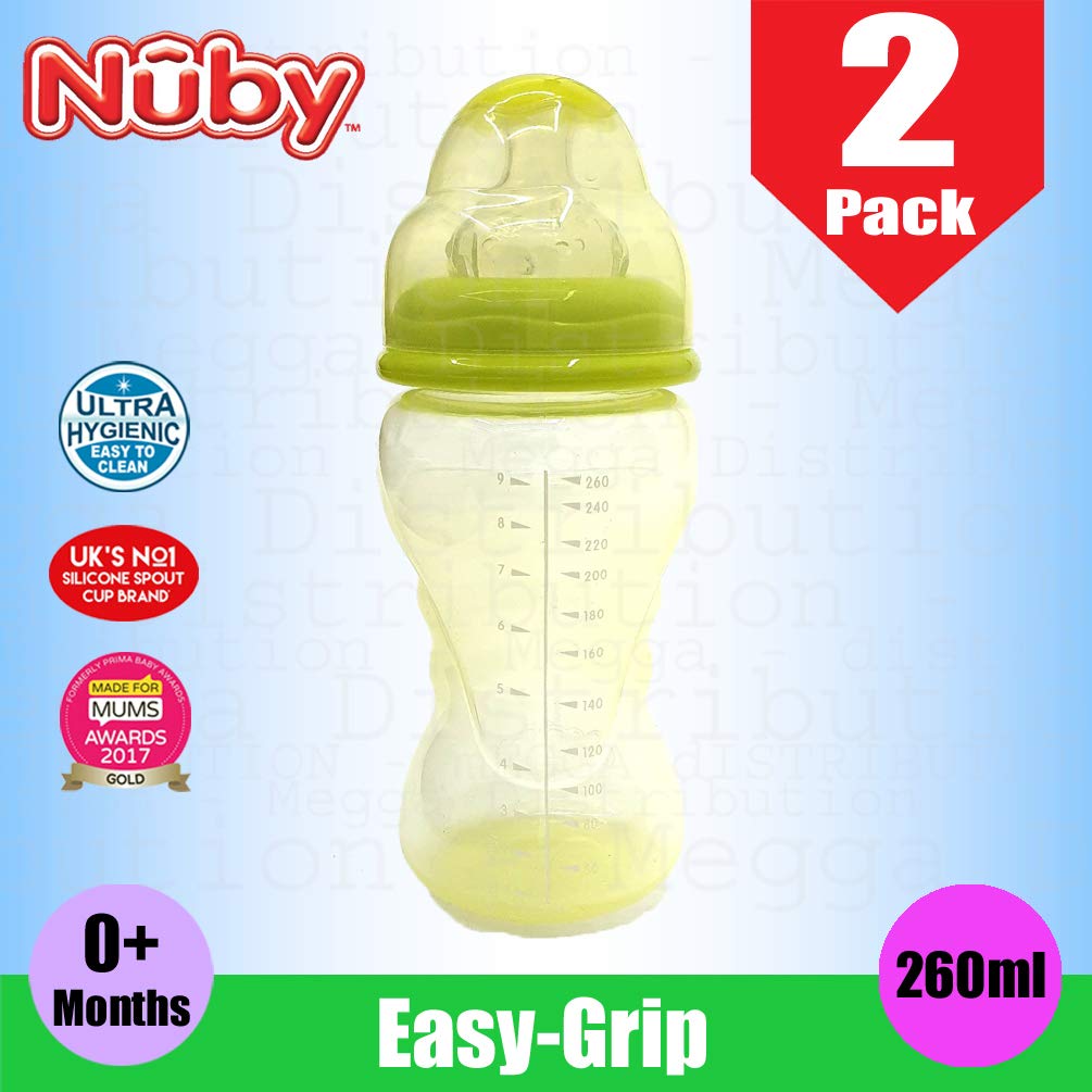 2 x Nuby 260ml Baby Toddler Ergonomic Easy Grip Wide Neck Non Drip/Leakproof Natural Soft Breast Like Nipple Drinking Bottle for Milk Juice Water - 0m+ Green