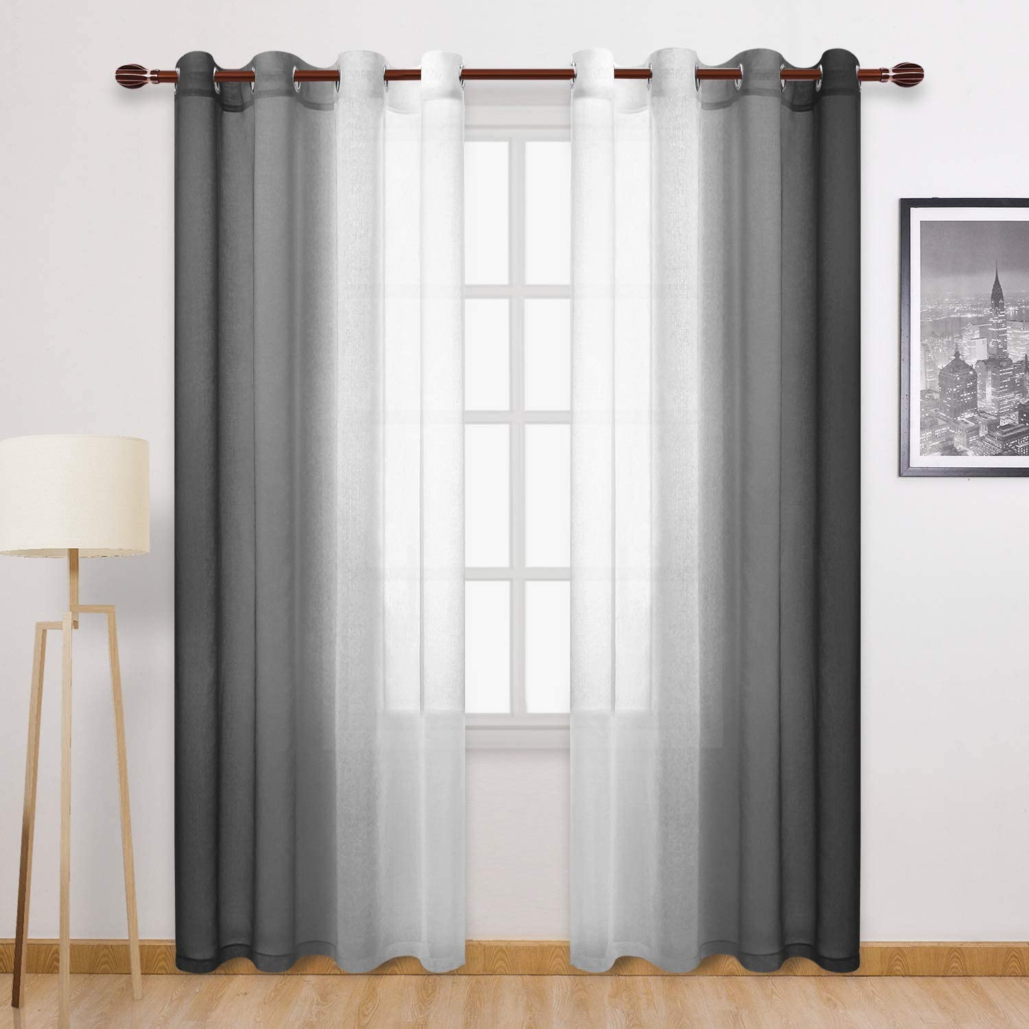 DWCN Black Ombre Faux Linen Sheer Curtains - Extra Long Gradient Semi Voile Light Filtering Grommet Top Bedroom and Living Room Curtains, 52 x 102 Inches Long, Set of 2 Window Curtain Panels