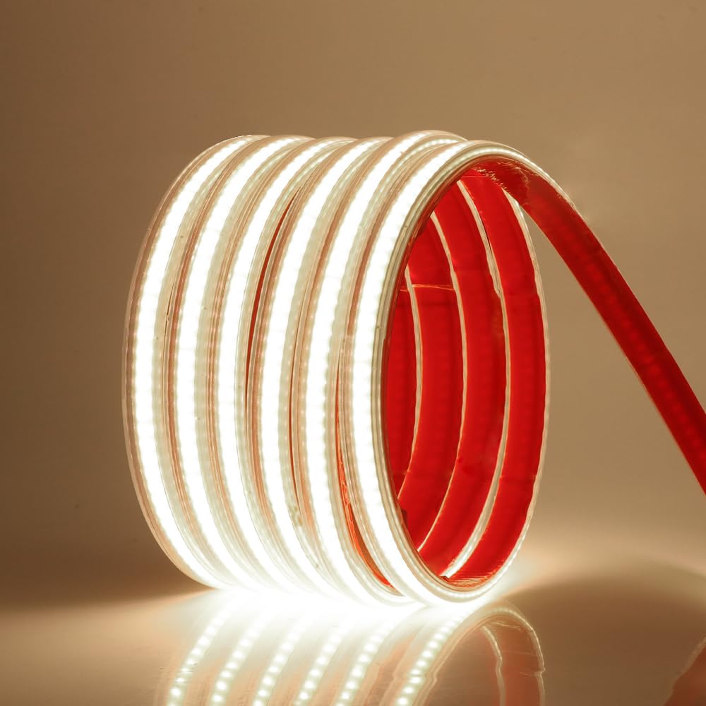 HEGEHE Dimmable 220V COB Strip Light with Self-Adhsive Tape, Cut to 50cm, IP65 Waterproof LED Rope Light with Dimmer Switch (20m, Natural White)