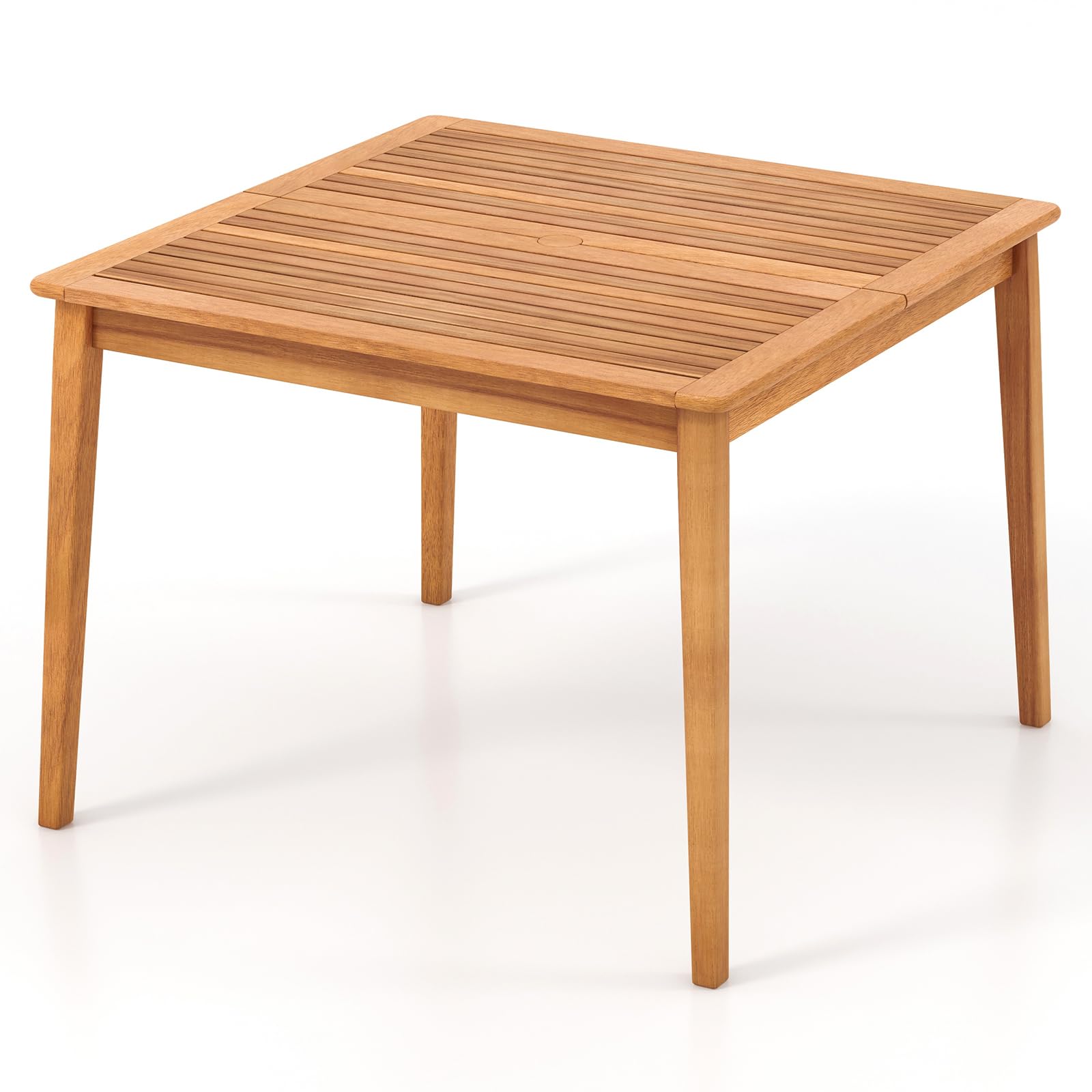 KOMFOTTEU Table de Jardin avec Trou pour Parasol de 5 cm, Table à Manger en Bois d'acacia pour 4/6/8 Personnes, Bureau à Lattes, Extérieur & Intérieur (100 x 100 x 75,5 cm)