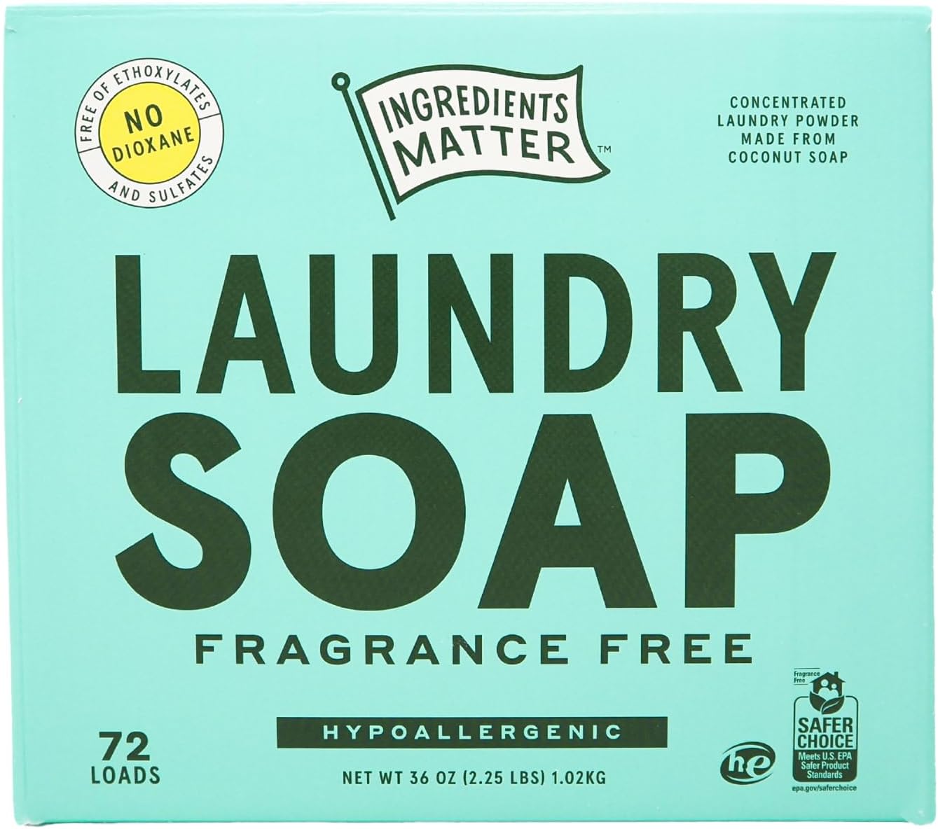 Ingredients Matter Powder Laundry Detergent - Fragrance Free - Hypoallergenic Laundry Soap Powder - Natural, Detergent-Free, Planet-Friendly Laundry Supplies - Made in the USA - 36 oz, 72 Loads